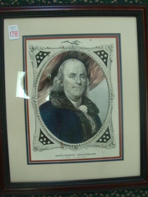 1847 Currier & Ives Hand Colored Litho, Ben Frankl: 1847 Currier & Ives Hand Colored Litho, Ben Franklin: Statesman and Philosopher, Original Done in 1847. Full Bust with Fur Collar. 21" X 17 1/2" Overall. (80-110)