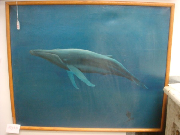 Signed JOHN BULL Whale Oil on Canvas:: Signed JOHN BULL Whale Oil on Canvas: 27" X 33" in Wood Frame. Signed LR. Single Whale Deep in Ocean. (-)