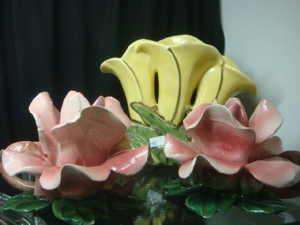 Capo-di-monte Flower Candlesticks, MCCOY Lily Vase: Capo-di-monte Flower Candlesticks, MCCOY Lily Vase: Pair of 4"T Open Pink Roses (Chips) and Yellow 3 Calla Lily McCoy Vase. (100-150)