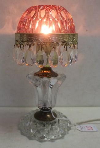 Clear Pressed Glass Mini Lamp with Pink Shade: (1 of 4)