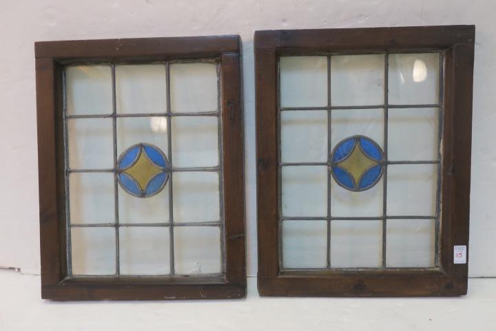 Pair of Vintage Framed Leaded Stained Glass Windows: (1 of 3)