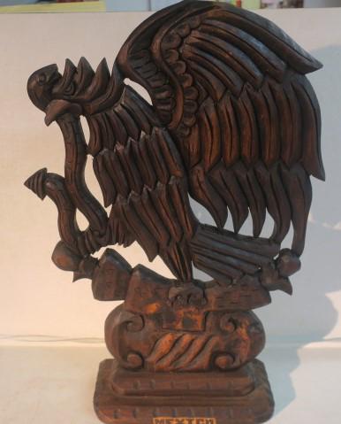 Hand Carved Wooden Mexican Flag Emblem Eagle:: Hand Carved Wooden Mexican Flag Emblem Eagle: Eagle on Nopal Cactus Devouring a Snake. From a Myth of Supreme God Telling Tribe to Establish a City in 1325. The Symbol would Appear When They Arrived.