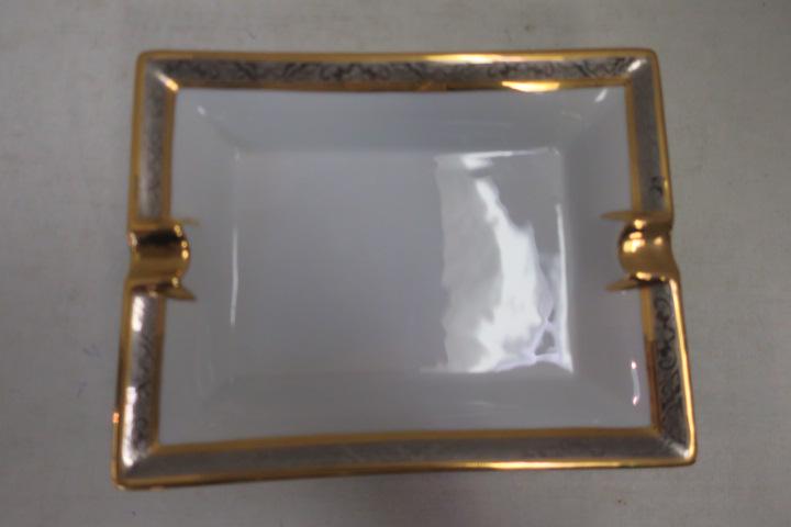 Carpenet Limoges Cigar Ashtray for DANIEL MARSHALL:: Carpenet Limoges Cigar Ashtray for DANIEL MARSHALL: Porcelain Rectangular Ashtray with Gold and Silver Embossed Border is 6 1/4" X 8". Made for Daniel Marshall, Maker of Fine Humidors. Metal Label on