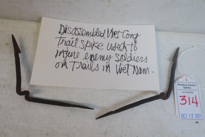 Disassembled Vietcong Trail Spike:: Disassembled Vietcong Trail Spike: Used to Disable US soldiers on Trails in Vietnam with Arrow Point Barbs. Why Jungle Boots have Steel Insoles for Protection. (50-100)