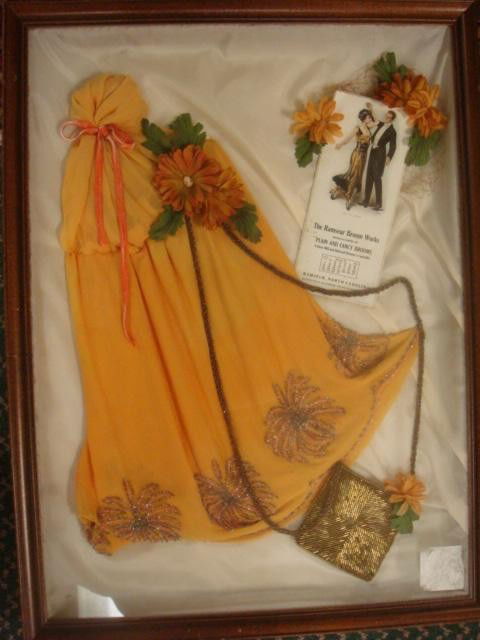 Vintage Memorabilia in Shadowbox Frame: Vintage Memorabilia in Shadowbox Frame: 1916 Ramseur Broom Works (NC Factory) Advertising. Bugle Bead Purse with Seed Bead Shoulder Strap. Chiffon Scarf with Floral Accents in Seed Beads. Artistically