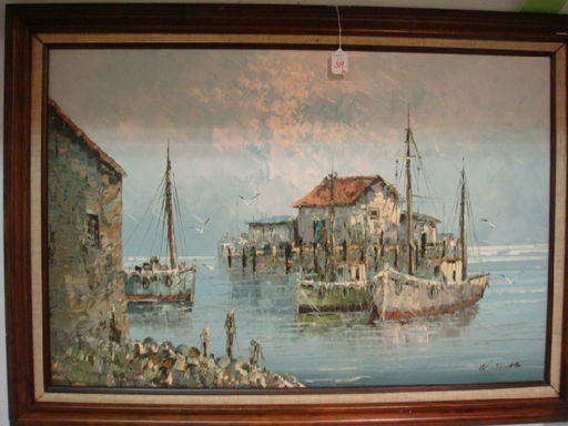 319A: Signed W Jones Boat Yard Scene Oil on Canvas: - Sep 06, 2010