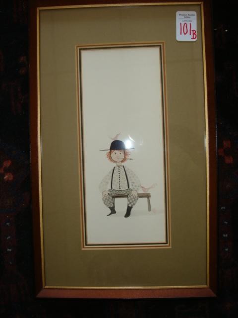 Signed P. BUCKLEY MOSS Watercolor on Paper:: Signed P. BUCKLEY MOSS Watercolor on Paper: Signed LR, Circa 1970, Titles HENRY'S BIRDS". Famous Western Virginia Living Folk Artist Focusing on Amish Traditions. 4" x 10", Professionally Framed to 9"