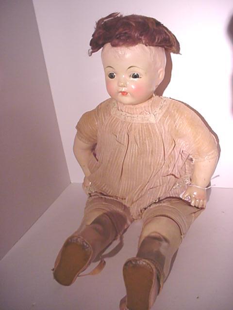 Effanbee Vintage Composition Baby Doll: Effanbee Vintage Composition Baby Doll: Mohair Wig with Open Pate. Cloth Body, Sleep Gray Glass Eyes. Molder Features with Closed Mouth. Original Clothing. 22"T. Minor Problem with Paint Eye Socket Ed