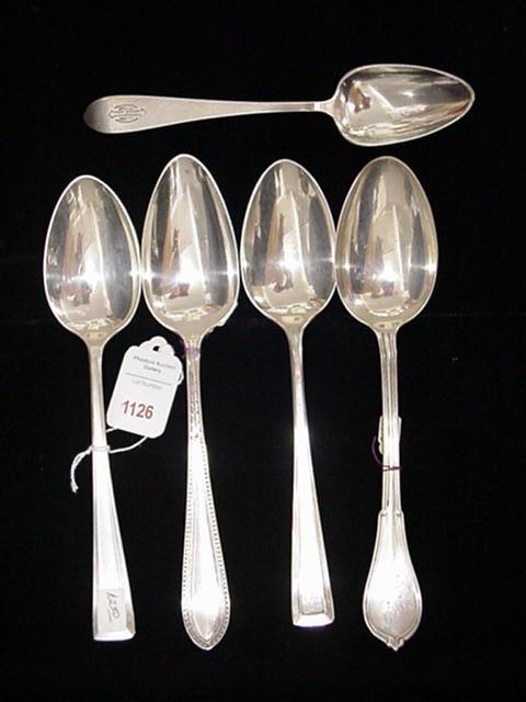 5 Sterling Silver Serving Spoons: 5 Sterling Silver Serving Spoons: Gorham "Cottage" with Monogram; Gorham "Edgeworth" has Pat. 1922 and Spaulding and Co; Gorham "Mothers" has Monogram; 2 Wallace Silversmiths "Cabot" Issued 1917. For