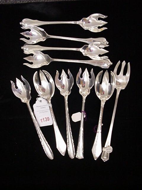 10 Sterling Silver Ice Cream Forks: 10 Sterling Silver Ice Cream Forks: 4 Wallace Silversmiths Forks; 2 Durgin Co. "Chatham No. 3, Engraved" Forks; 2 Towle "Silver Flutes"; Gorham Sterling Pat. 1958 Spoon and Alvin Sterling Spoon. For q