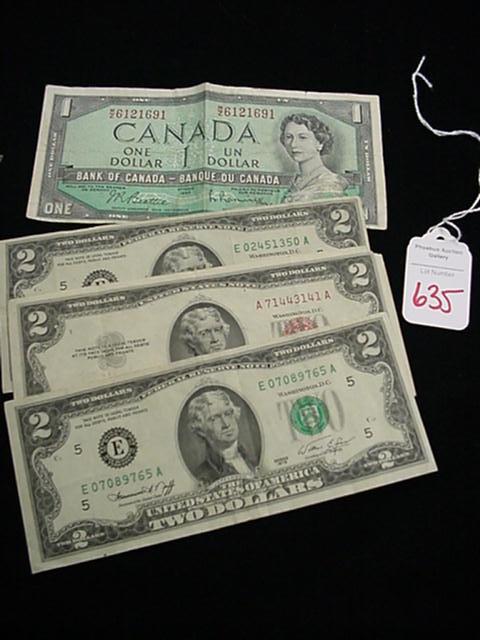 3 Two Dollar Bills and Canadian One: 3 Two Dollar Bills and Canadian One: Good to Very Good Condition