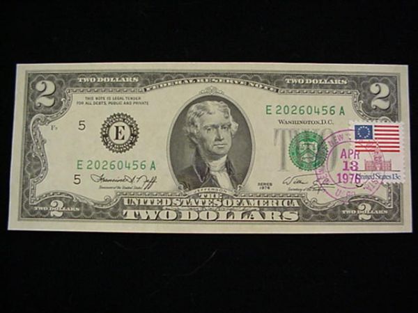 617F. 1st Day of Issue 1976 Two-Dollar Bill: 1st Day of Issue 1976 Two-Dollar Bill in Uncirculated Condition and with 13cent Stamp and Cancelled by the Newport News Post Office. (30-50)