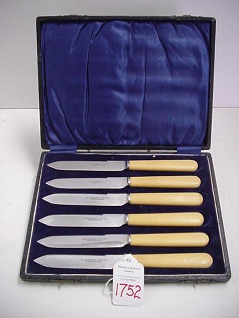 Set of Sheffield Stainless Knives with Bakelite: Set of Sheffield Stainless Knives with Bakelite Handles: Six 6 1/2" Knives in Leather Fitted Case with Velvet and Satin Liner. Bidders are reminded that these items are of considerable age and will ex