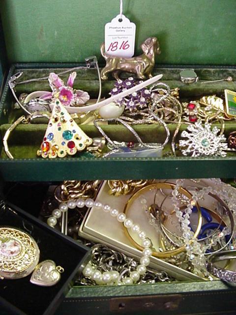 Collection of Vintage Costume Jewelry in Box: Collection of Vintage Costume Jewelry in Box: Includes Wittnauer, Waltham & Pulsar Ladies Watches. Rhinestone Broaches, Austrian Crystal Beads, Avon & Monet Bracelets, Miscellaneous Chains, etc. Bidde