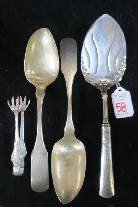 Sterling Handled Server, Coin Spoons and SP Tongs: (1 of 3)