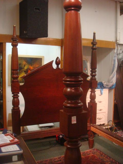 Mahogany 4 Poster Double Bed with Arch Pediment: Mahogany 4 Poster Double Bed with Arch Pediment: 80"L X 60"W X 85"T. 19th C with 4 Tall Posts with Brass Cap Tops. Removable Headboard Panel with Center Finial. Solid Rails Fitted for Box Springs. (30