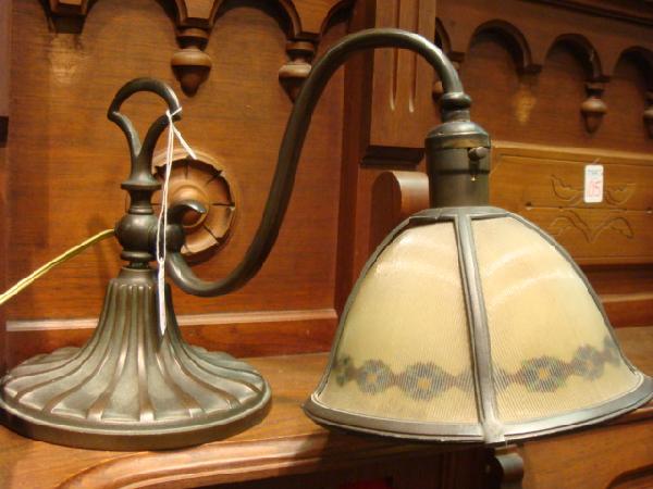 1920's Bronze Organ/Piano Lamp, Reverse Painted S: 1920's Bronze Organ/Piano Lamp, Reverse Painted Shade: Floral Garland Reverse Painted on Bell Shaped Corrugated Glass Shade. Original to Lamp. (200-400)