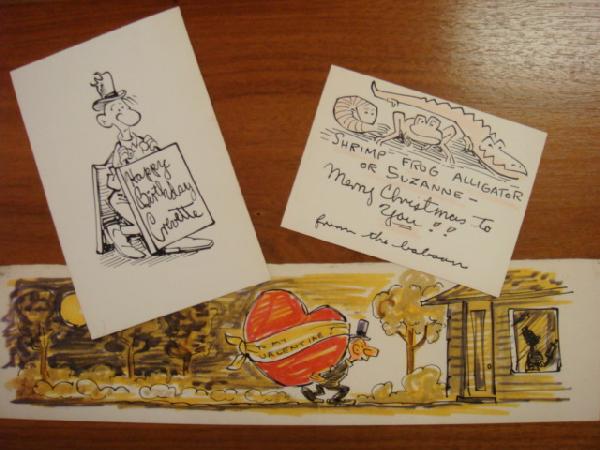 GEORGE BAKER 3 Pen & Ink Drawings, Holiday Cards:: GEORGE BAKER 3 Pen & Ink Drawings, Holiday Cards: Valentine, Christmas and Happy Birthday Cards to Suzanne by George Baker, Original Work on Artist Cardstock, 16" x 4", 4" x 5 1/2" & 7" x 4 3/4" (100-