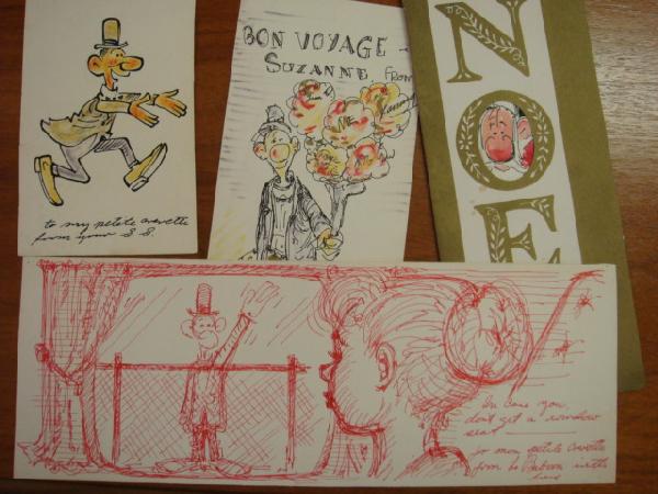 GEORGE BAKER 4 Original Cartoon Greeting Cards:: GEORGE BAKER 4 Original Cartoon Greeting Cards: Original Pen and Ink Greeting Card Done by George Baker for Suzanne La France. Noel with Sad Sack Santa, Bon Voyage, Hello, and Leaving on the Train. Va