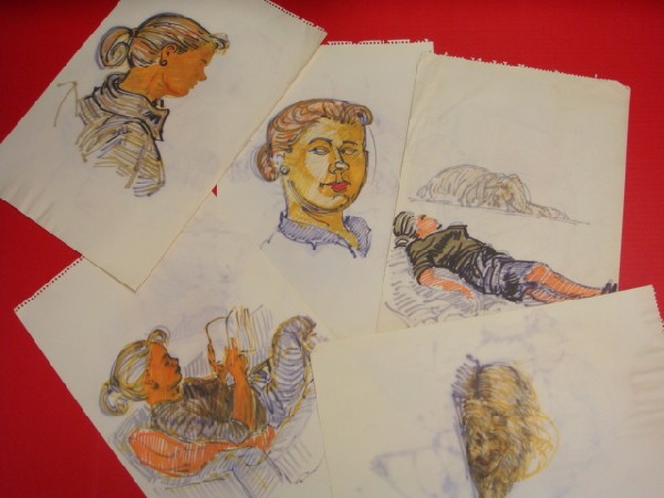 GEORGE BAKER 5 Colored Pen & Ink Portraits of Suza: GEORGE BAKER 5 Colored Pen & Ink Portraits of Suzanne: 5 Sketches of Suzanne on Artist Paper done with Colored Pen and Ink. 17 1/2" x 12". (200-500)