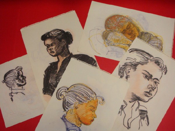 GEORGE BAKER Colored Pen & Ink Portraits of Suzann: GEORGE BAKER Colored Pen & Ink Portraits of Suzanne: 5 Sketches of Suzanne on Artist Paper done in Black & White or Colored Pen and Ink. 17 1/2" x 12". (200-500)