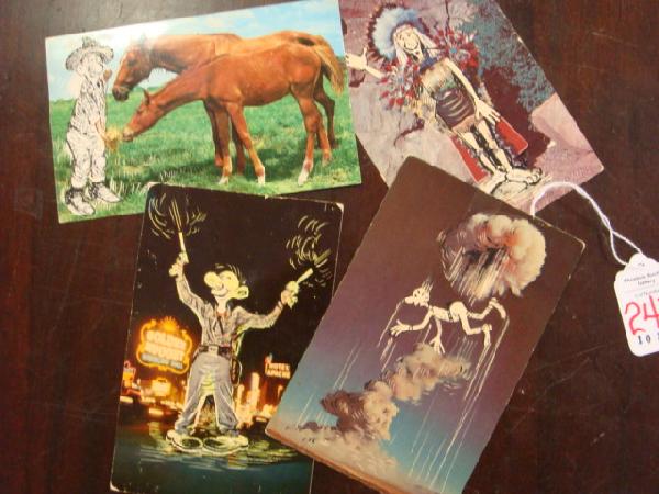 GEORGE BAKER 4 Modified Post Cards with SAD SACK:: GEORGE BAKER 4 Modified Post Cards with SAD SACK: 4 Post Cards with George Drawing in SAD SACK in His Usual Dilemmas, Just Enjoying the Flora and Fauna or just to Say Hi. Cards to Suzanne and Bobby. (