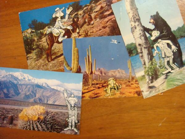 GEORGE BAKER 4 Modified Post Cards with SAD SACK:: GEORGE BAKER 4 Modified Post Cards with SAD SACK: 4 Post Cards with George Drawing in SAD SACK in His Usual Dilemmas, Just Enjoying the Flora and Fauna or just to Say Hi. Cards to Suzanne and Bobby. (
