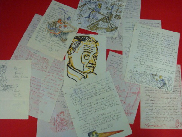 GEORGE BAKER Personal Illuminated Letters:: GEORGE BAKER Personal Illuminated Letters: In His Letters to Suzanne George Decorated each Page with a Cartoon of himself or with his Alter Ego, SAD SACK. They are Funny, Touching and Bittersweet. Eac