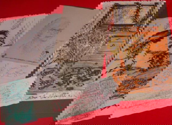 GEORGE BAKER 6 Original Works of Art: GEORGE BAKER 6 Original Works of Art: Pen and Ink, Colored and Black and White, A Cartoon and Coded Letter, and Final Picture of Suzanne Done with Her Pencil on Harvey World Famous Comics Stationary.