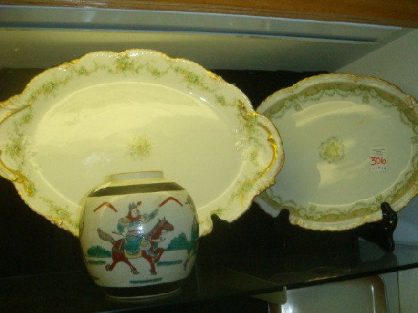 2 THEODORE HAVILAND Limoges Platters:: 2 THEODORE HAVILAND Limoges Platters: 16 1/2" Oval Platter has Green, Yellow and White Floral Swags and Center with Gold Rim and Accents. 14" Oval Platter has Green Floral Swags and Scrolls with Gold 