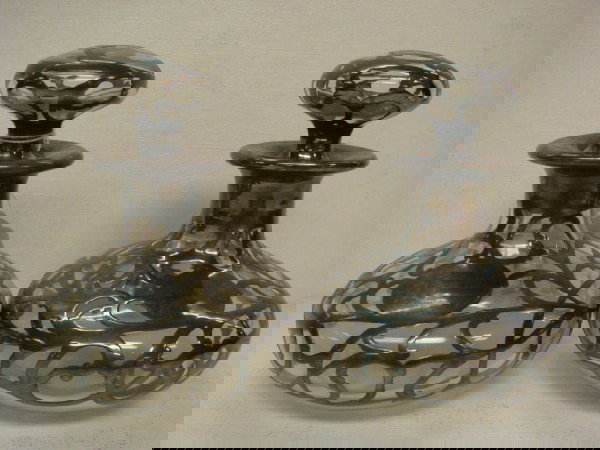 Pair of Silver Overlay Dresser Jars with Stopper: Pair of Silver Overlay Dresser Jars with Stopper: Squat Bulbous Base with Silver Tendrils and Medallion for Engraving. 5"T (70-120)