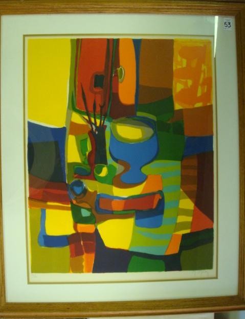 Artist Signed Abstract Numbered Print:: Artist Signed Abstract Numbered Print: Signed Lower Right. Number 43/225. Cubist Style Table with Vase. 32" X 38". (100-200)