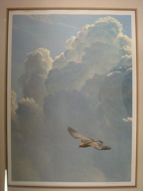 Signed ROBERT BATEMAN Bird of Prey in Flight Print:: Signed ROBERT BATEMAN Bird of Prey in Flight Print: Singed Lower Right, Numbered 744/950. Lone Bird in Cloudy Sky. 38" X 30". (100-200)