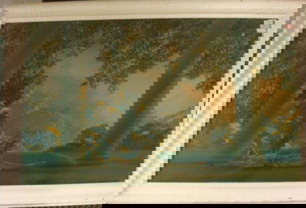 House of Art Vintage Maxfield Parrish Daybreak Pri: House of Art Vintage Maxfield Parrish Daybreak Print: Figures on Portico, Mountains in Background. 18" X 30" Image. (150-200)