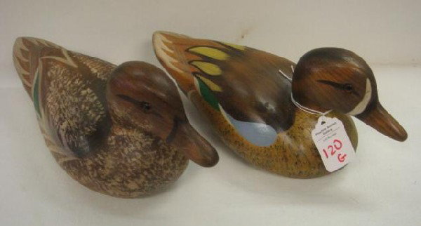 Pair of M GERHARDT "Swan Quarter" Carved Ducks:: Pair of M GERHARDT "Swan Quarter" Carved Ducks: Hen and Drake with Glass Eyes, Each 10 1/2" Long. (100-200)