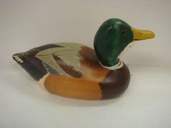 LORNA PERRY Signed Carving of Mallard Drake Duck:: LORNA PERRY Signed Carving of Mallard Drake Duck: Signed Lorna Perry 1987, 8" Long with Glass Eyes. Carved and Painted. (50-100)
