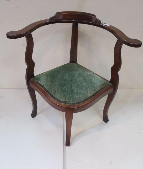 Vintage Walnut Framed Corner Chair, Velvet Seat:: Vintage Walnut Framed Corner Chair, Velvet Seat: Rounded Back with Crest Rail to Arms with Scroll Ends. Square Tapered Vertical Back Post, Shaped Arm Supports. Seat Covered in Green Velvet with Brad S