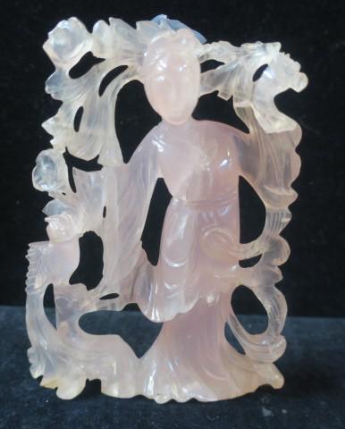 Carved Rose Quartz Asian Female Figural Statue:: Carved Rose Quartz Asian Female Figural Statue: Standing Female in Layed Gown Surrounded by an Archway of Vines and Flowers. FENGHUANG or Phoenix Bird is on Her Left. Chip Lower Right, Repair Upper Ri