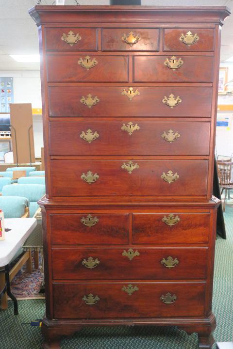 English Chippendale Style 12 Drawer Chest on Chest:: English Chippendale Style 12 Drawer Chest on Chest: Flat Top with Molded Corners above Three Side by Side Drawers Over Two Side by Side Drawers Over Three Long Stacked Drawers. Lower Section has Two S