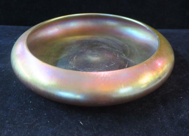 STEUBEN GOLD AURENE Low Profile Bowl:: STEUBEN GOLD AURENE Low Profile Bowl: Early Steuben Art Glass from the Art Nouveau Period. Gold Iridescent Inside and Out. Hand Blown with Polished Pontil. Etched AURENE on Bottom. 10" Dia. 8" Opening