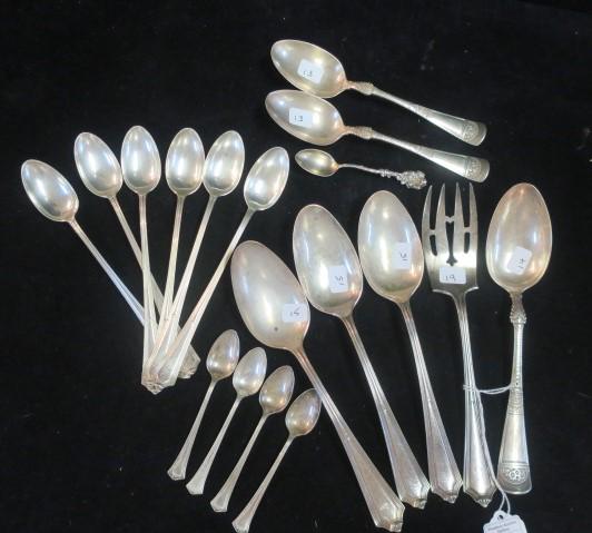 Eighteen Assorted Sterling Silver Spoons and Fork:: Eighteen Assorted Sterling Silver Spoons and Fork: Gorham "Empress Serving Spoon and Two Tablespoons, Three Gorham "Plymouth" Servings Spoons, 6 Iced Tea Spoons and Large Cold Meat Fork, Four Wallace