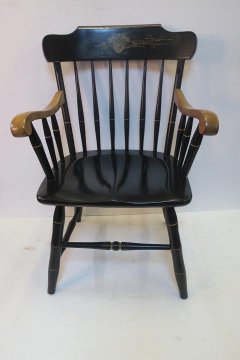 USMA West Point Academic Windsor Arm Chair:: USMA West Point Academic Windsor Arm Chair: Arm Chair with United States Military Academy Crest on Crest Rail, CA 1945. Some Paint Peeling on Crest Rail. (100-250)
