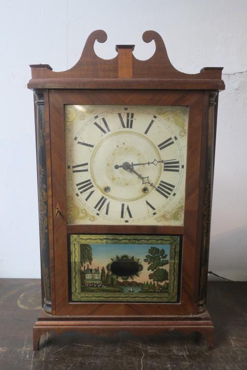 E. TERRY & SONS Plymouth Conn, 19th Cent. Shelf Clock:: E. TERRY & SONS Plymouth Conn, 19th Cent. Shelf Clock: Federal Pillar and Scroll Clock, Mahogany Case Decorated Gold on Black Quarter Columns at Sides. Three Brass Finials with Added Eagle Figurine on