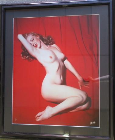 MARILYN MONROE "RED VELVET" Print, Signed HUGH HEFNER: MARILYN MONROE "RED VELVET" Print, Signed HUGH HEFNER From the 1949 Calendar Session with TOM KELLY and Featured in the 1953 Inaugural Issue of PLAYBOY, #9/ 300, Signed in Silver Ink LR. One of Three