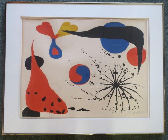 ALEXANDER CALDER "FLIES IN SPIDER WEB" S/N Lithograph:: ALEXANDER CALDER "FLIES IN SPIDER WEB" S/N Lithograph: Pencil Signed Calder, 91/175. On Arches Paper, Image 19 3/4" x 25 1/2", Framed and Matted to 26 1/2" x 32 1/2". American Artist 1898-1976, Renown