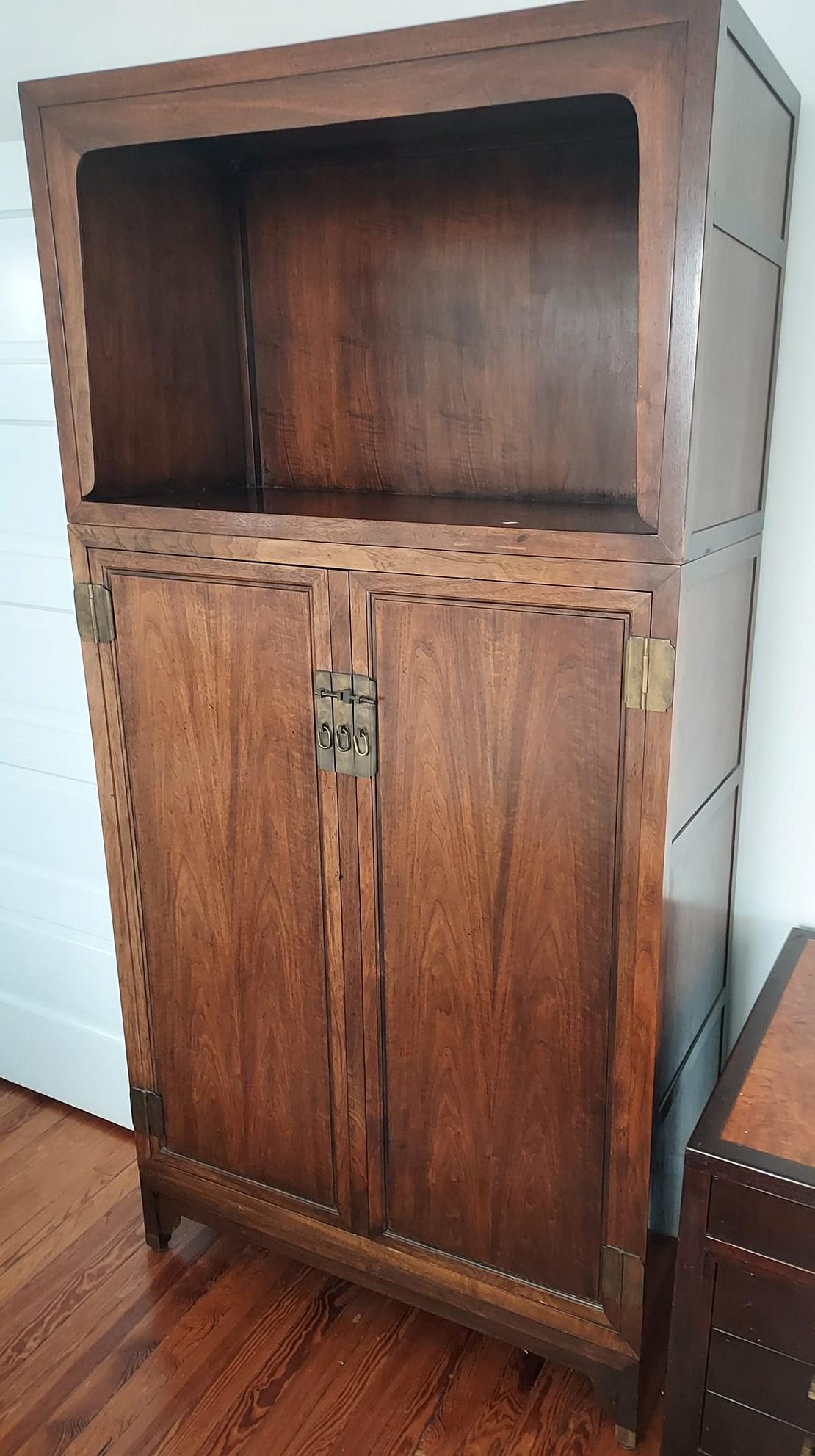 Michael Taylor for Baker Far East Walnut Bookcase:: Michael Taylor for Baker Far East Collection Walnut Bookcase Wall Unit: Walnut Armoire with Double Doors with Brass Hardware Open to Reveal Two Pecan Shelves. Open Storage over Doors, Separate Section