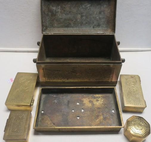 Large Brass or Gilt Bronze and Copper Betel Box:: Large Brass or Gilt Bronze and Copper Betel Box: Large Box has Swing Handles on Sides. Inlaid Copper on Hand Hammered Lid. Lid Opens to 4 Individual Boxes on Pierced Bottom Tray with Old Repair. Tray