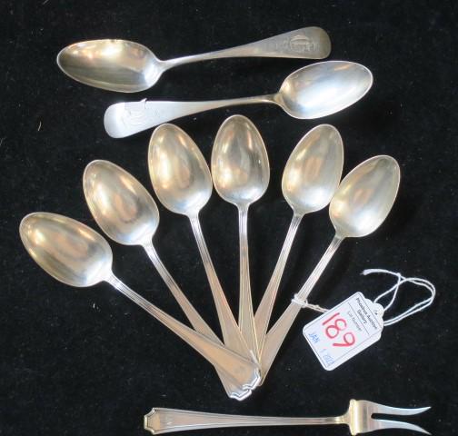 Sterling Silver Spoons and Fork:: Sterling Silver Spoons and Fork: Six Durgin "Fairfax" Teaspoons and Lemon Fork, Two Unknown Maker Teaspoons. All Monogrammed. 6 oz. or 4.2152 ozt. (150-250)
