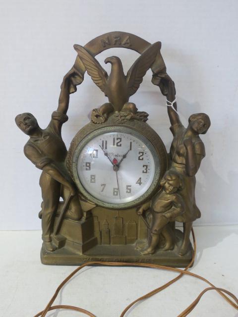 NRA Electric Spelter Mantle Clock, GIBRALTER CLOCK CO:: NRA Electric Spelter Mantle Clock, GIBRALTER CLOCK CO: With Eagle Logo under Raised Letters NRA (National Recovery Act), Man, Woman and Child Figures Flank the Clock over NRA Slogan "WE DO OUR PART". 