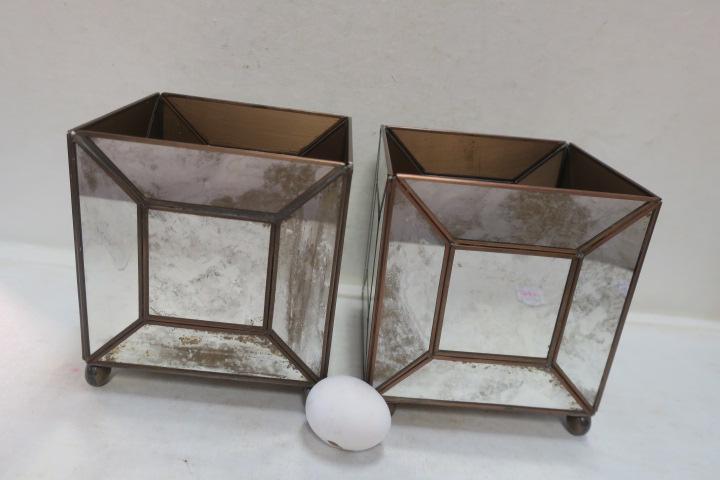 Pair of Vintage Look Square Mirrored Planters:: Pair of Vintage Look Square Mirrored Planters: Both 6" Square Boxes, 6 3/4"T with All Sides Mirrored. Mirror divided into 5 Sections-the Center being Square, Divided by Brass Piping, on Brass Ball Fee